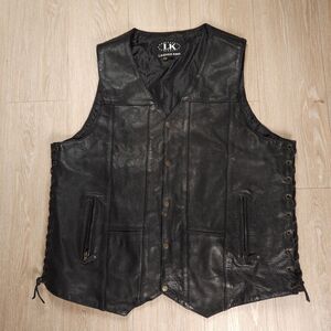 Leather King Motorcycle Biker Vest Men's Size 54 Tall Black Button Snap Front